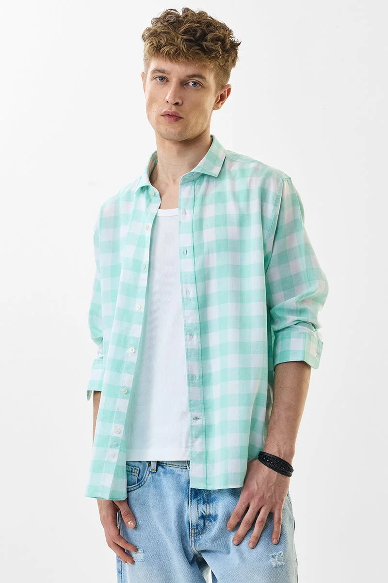 SNITCH Regular Fit Linen Blend Checks Mint Shirt
