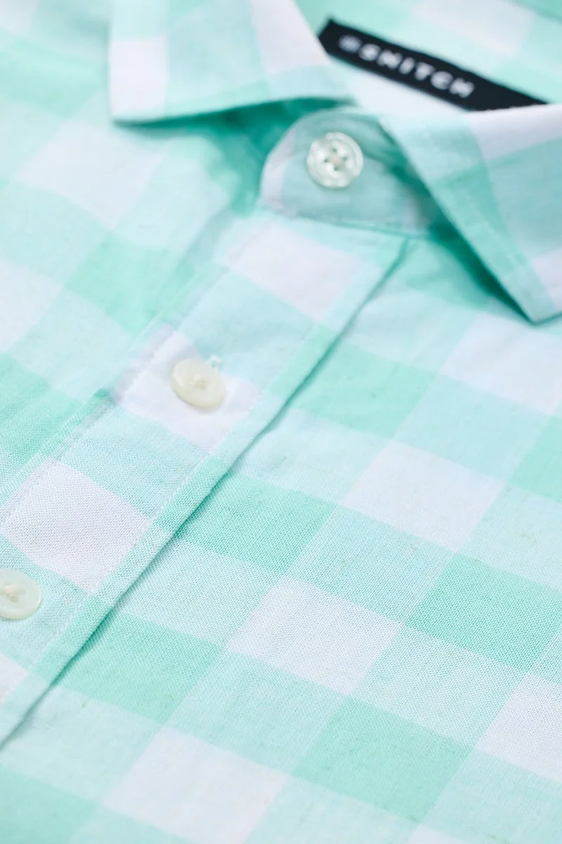 SNITCH Regular Fit Linen Blend Checks Mint Shirt