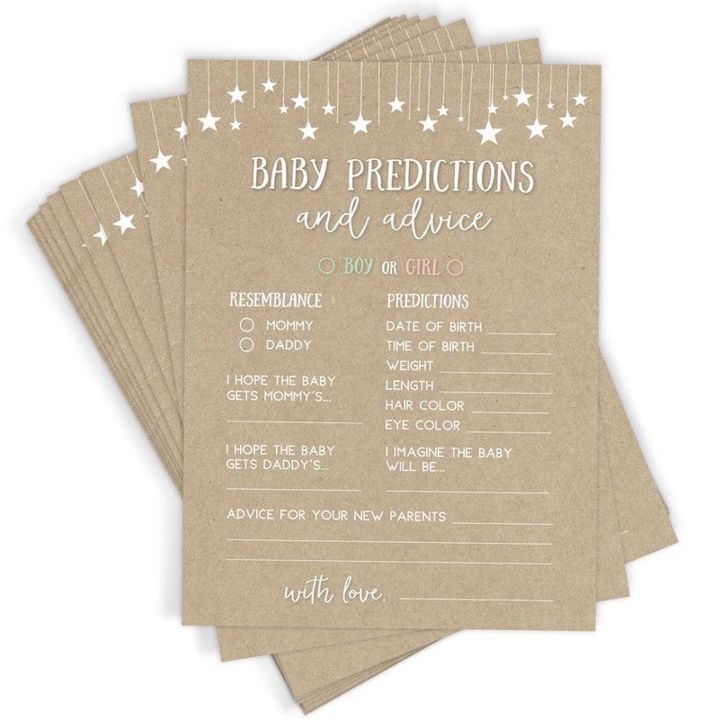 Printed Party Baby Predictions & Advice Cards for New Parents â€“ Baby Shower Game, Wishes for Mommy & Daddy, Gender Reveal Boy or Girl, Kraft Paper Theme, 50 Cards - Image 1