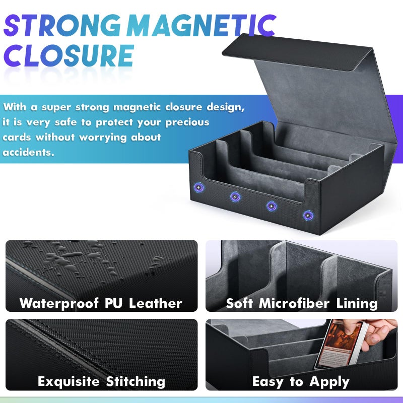 UAONO Trading Card Storage Box, Holds 1800 Sleeved Cards with 10 Dividers & 3 Stoppers, Magnetic Closure PU Leather Card Case for MTG, PTCG, YGO, Sports Cards (Black) - Image 5