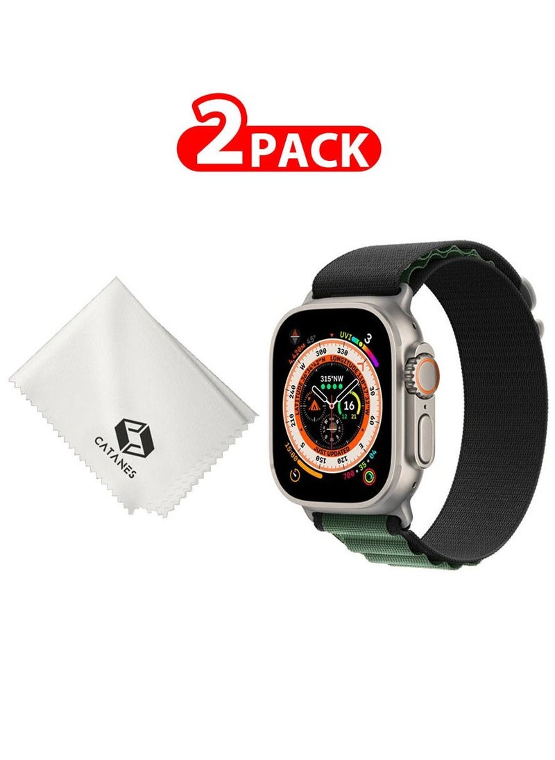 CATANES - 2 Packs Of Apple Watch Band and Microfiber Cloth Alpine Loop Band 49mm 45mm 44mm 42mm Women Men Adjustable with Metal G-Hook Strap for iWatch Ultra Series SE 8/7/6/5/4/3/2/1 Black Green 2 - Image 1