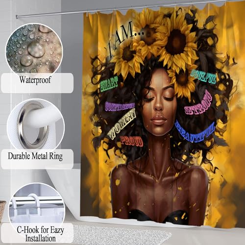 Omebero 4 Pcs Sunflower Black Girl Shower Curtain Sets, Inspirational Words African Queen Bathroom Sets with Shower Curtain and Rugs Toilet Lid Cover Bath Mat, Soft Fabric Shower Curtains with Hooks - Image 5