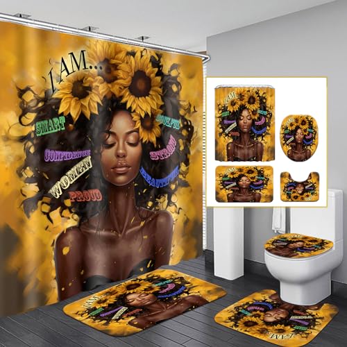 Omebero 4 Pcs Sunflower Black Girl Shower Curtain Sets, Inspirational Words African Queen Bathroom Sets with Shower Curtain and Rugs Toilet Lid Cover Bath Mat, Soft Fabric Shower Curtains with Hooks - Image 1