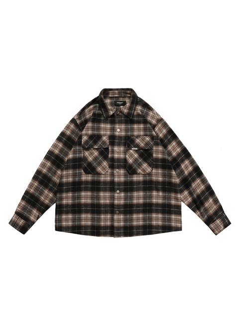 High Street Retro Wool Check Stripe Shirt Jacket Unisex Brown Unisex