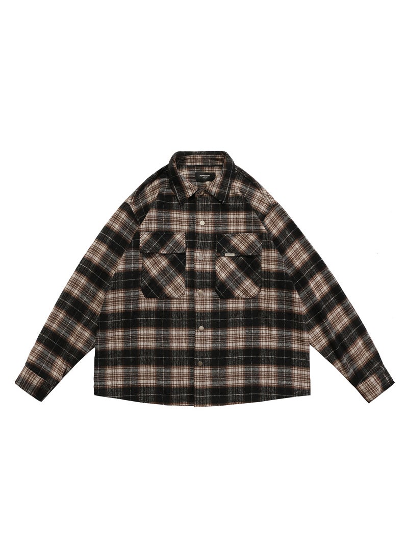 Generic - High Street Retro Wool Check Stripe Shirt Jacket Unisex Brown Unisex - Image 1