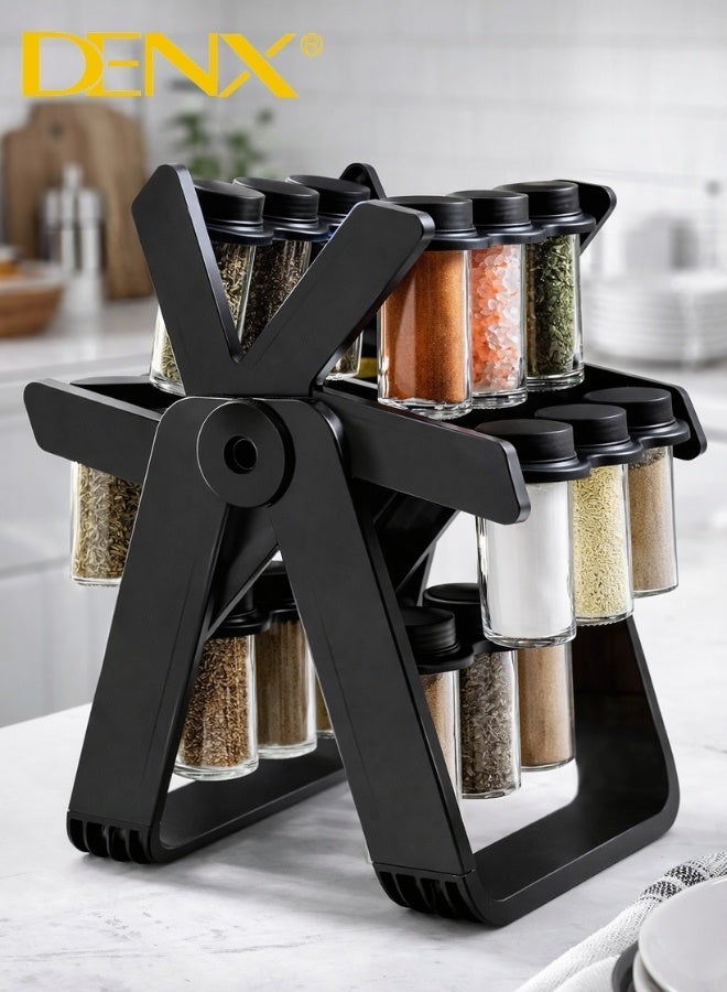 دينكس رف توابل دوّار 360° لتنظيم المطبخ مع 18 عبوة زجاجية سعة 100 مل – منظم بهارات أنيق بقاعدة دوارة لتوفير المساحة وسهولة الوصول – يأتي مع ملصقات توابل وقلم للكتابة لتنظيم التوابل بطريقة عملية وعصرية - Image 1