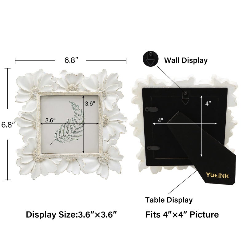 YULINK 4x4 Small Vintage Picture Frame, Tiny Antique White Ornate Square Photo Frame, for Tabletop and Wall Display, Decorative Floral Design Retro Home Decor, Old Fashioned Photo Gallery Art - Image 4