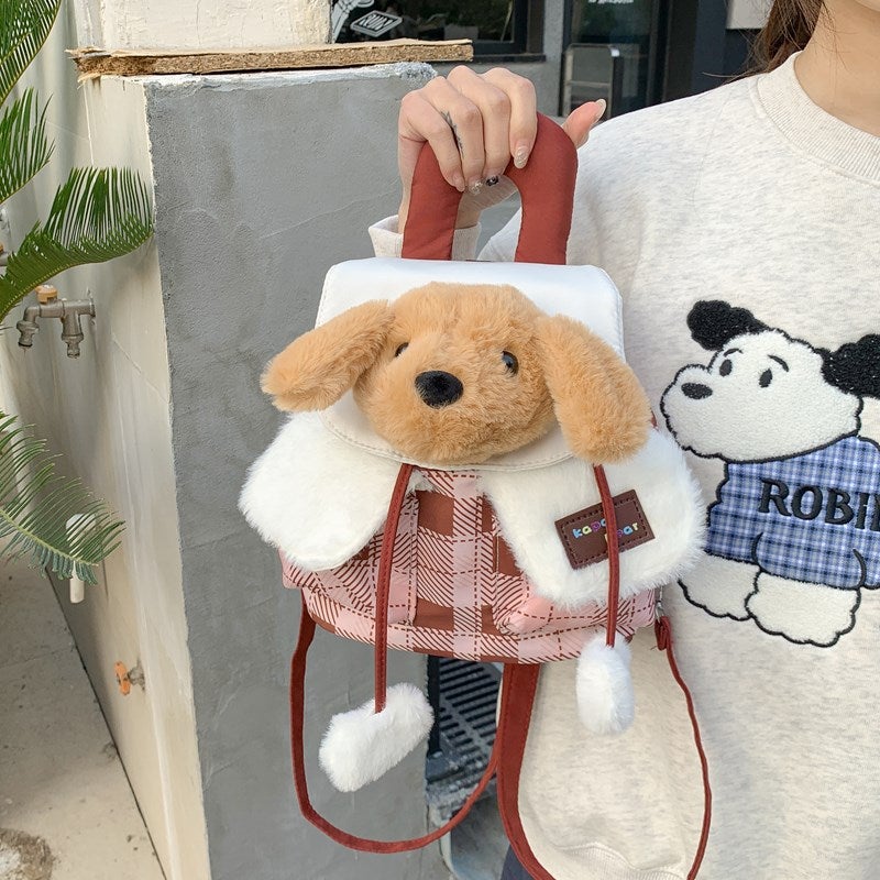 Cute Plush Puppy Head Flap Mini Backpack Cartoon Plaid for Girls - Image 2