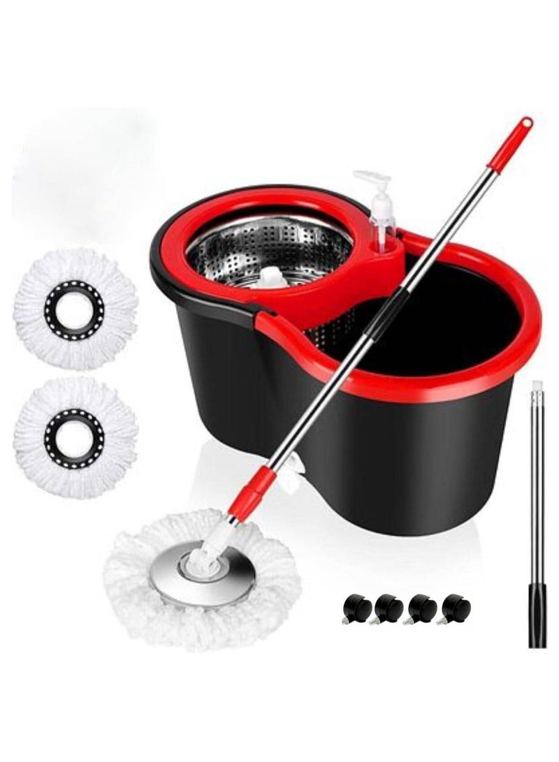 Scrolls Premium Quality 360° Easy Spin Mop And Bucket Set Home Cleaner| Extended Easy Press Stainless Steel Handle -2 pcs Microfiber Washable Mop with Dryer Basket For Home Kitchen Floor Cleaning (Black with Dispenser Bottle) - Image 1