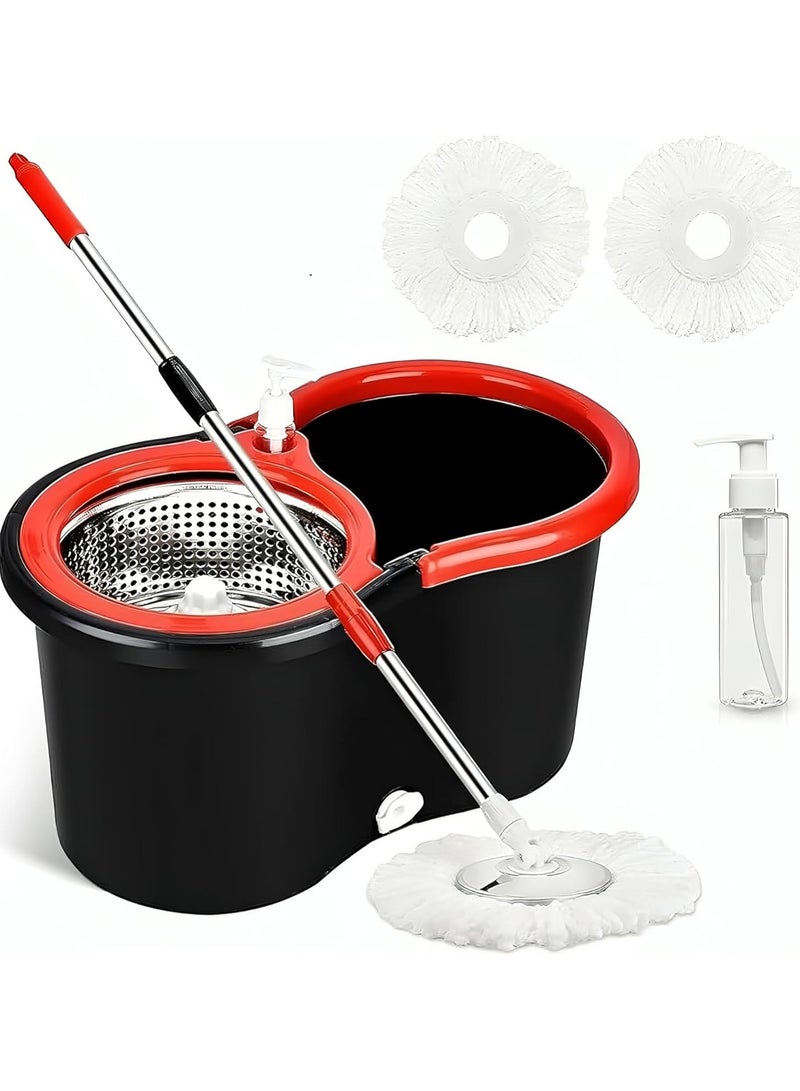 Scrolls Premium Quality 360° Easy Spin Mop And Bucket Set Home Cleaner| Extended Easy Press Stainless Steel Handle -2 pcs Microfiber Washable Mop with Dryer Basket For Home Kitchen Floor Cleaning (Black with Dispenser Bottle) - Image 2