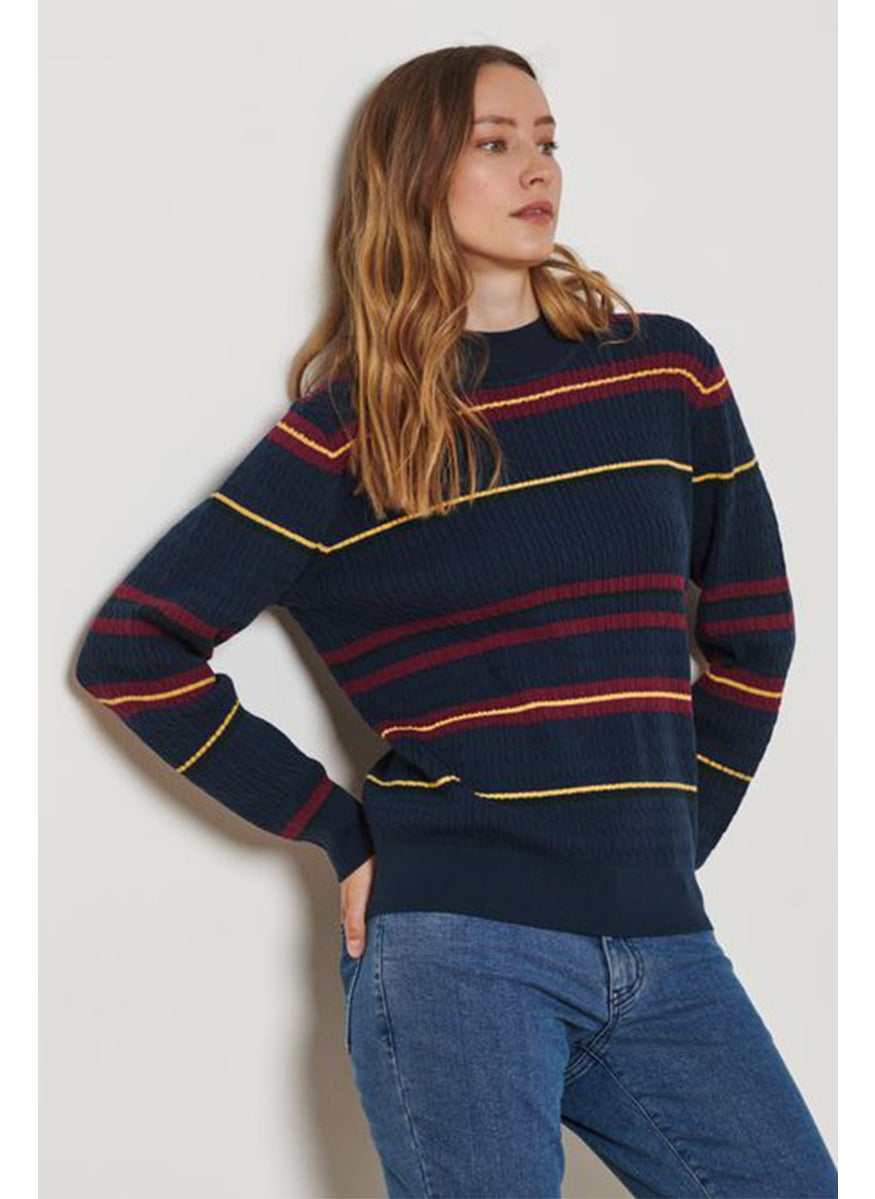 Tchibo Women Round Neck Stripe Sweater, Navy Combo  - Image 1
