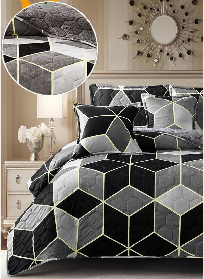 ميرال مفرش شتوي نفر ونص مضغوط، مقاس 160×210 سم | 4 قطع | وجه مشجر ووجه فرو، بتصميم سداسي فاخر - Image 3