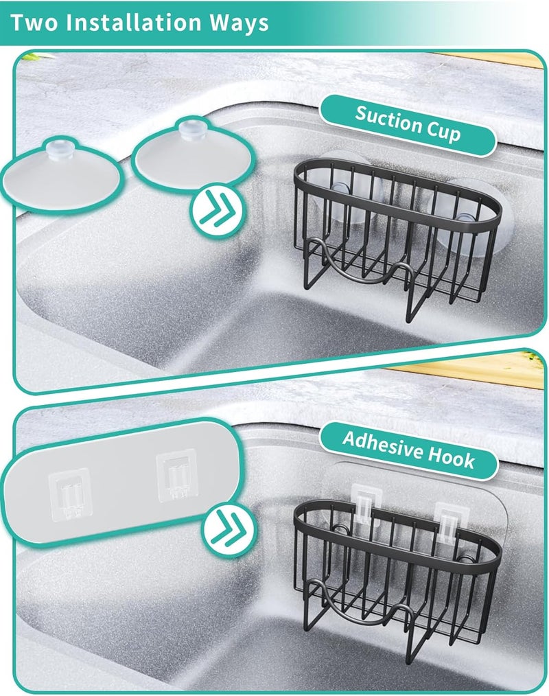 HapiRm Multifunctional Sponge Holder with Unique M-Shaped, Two Installation Methods Kitchen Sink Organizer, Rustproof Stainless Steel Sink Caddy -Black（2-Pack） - Image 3