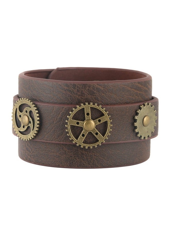 HZMAN Steampunk Alloy Gear Leather Wristbands For Men Women Bracelets Cuff Bangle Jewelry Brown Adjustable - Image 2