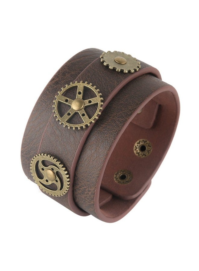 HZMAN Steampunk Alloy Gear Leather Wristbands For Men Women Bracelets Cuff Bangle Jewelry Brown Adjustable - Image 1