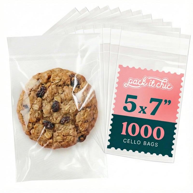 Pack It Chic - 5" X 7" Clear Self Sealing Cellophane Bags (1000 Pack) - Cookie Bags With Resealable Adhesive for Baked Goods Packaging, Candy, Pastries, Bread, Treats, Bakery, Party Favors