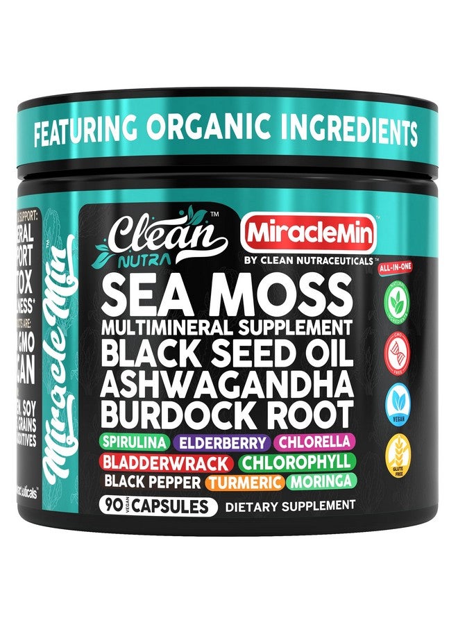 Clean Nutraceuticals Clean Nutra Sea Moss Capsules with Ashwagandha, Black Seed Oil, Burdock Root, Bladderwrack, Moringa, Chlorella, Spirulina, Turmeric, Elderberry, Amla - 90 Vegan Capsules - MiracleMin - Image 1