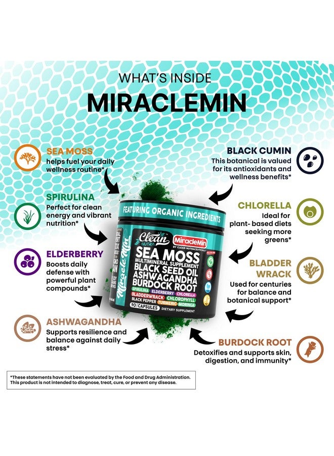 Clean Nutraceuticals Clean Nutra Sea Moss Capsules with Ashwagandha, Black Seed Oil, Burdock Root, Bladderwrack, Moringa, Chlorella, Spirulina, Turmeric, Elderberry, Amla - 90 Vegan Capsules - MiracleMin - Image 3
