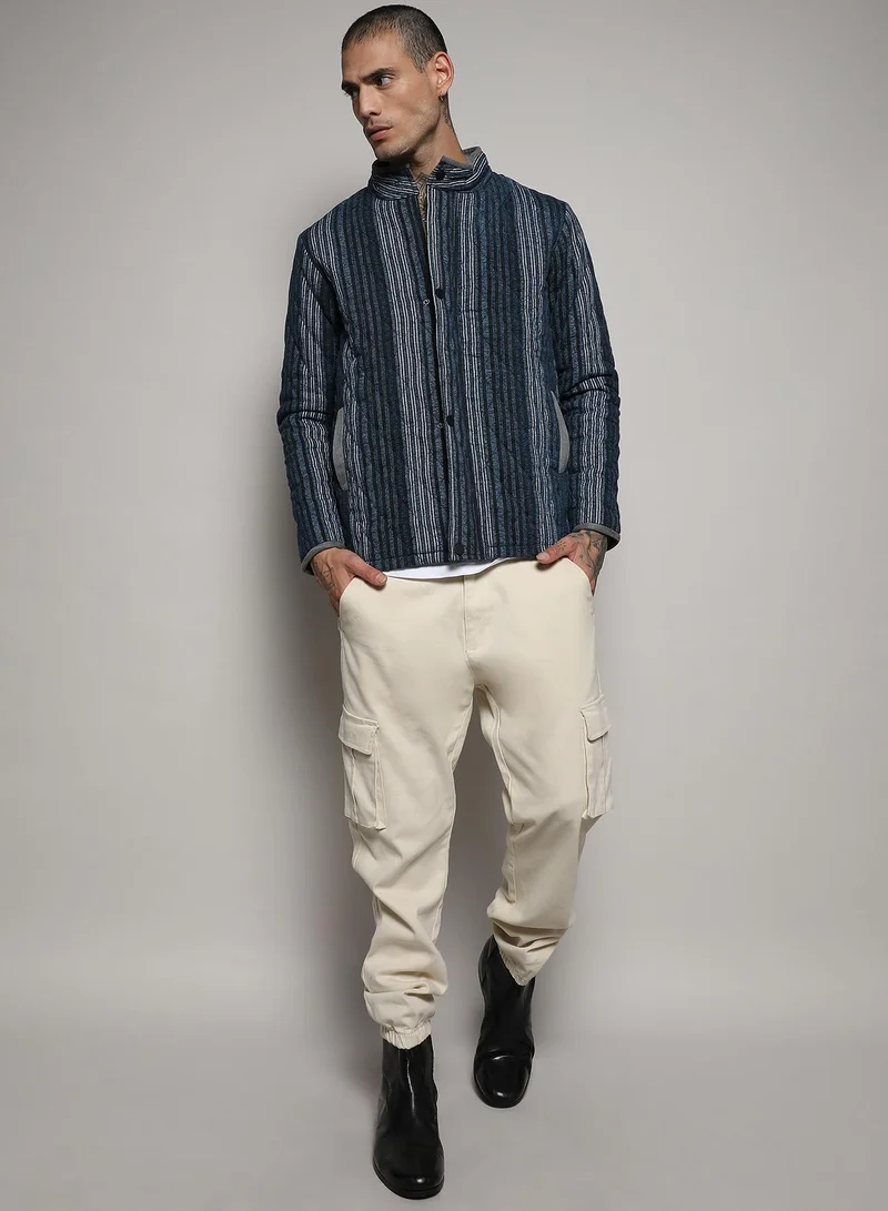 Campus Sutra Men's Black & Prussian Blue Striped Quilted Bomber Jacket