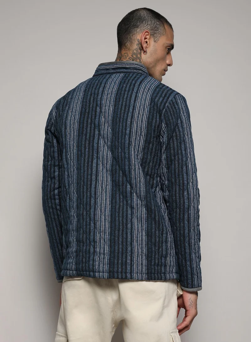 Campus Sutra Men's Black & Prussian Blue Striped Quilted Bomber Jacket