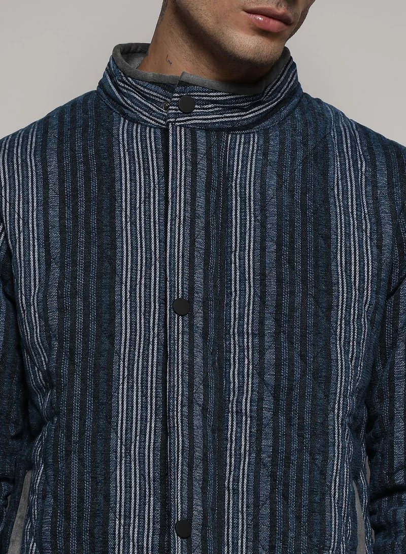 Campus Sutra Men's Black & Prussian Blue Striped Quilted Bomber Jacket