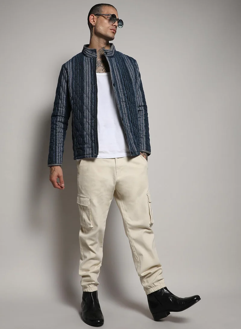 Campus Sutra Men's Black & Prussian Blue Striped Quilted Bomber Jacket