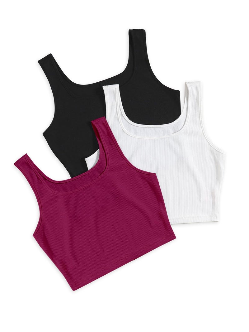 Berry&Bird BERRY BIRD® Women's Knitted Sleeveless Solid Sqaure Neck Ribbed Tank & Crop Tops (Pack of 3) - Image 1
