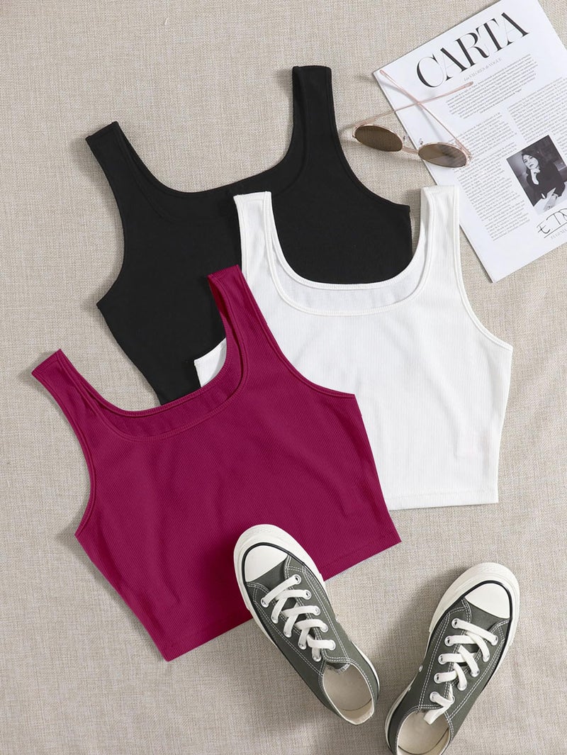 Berry&Bird BERRY BIRD® Women's Knitted Sleeveless Solid Sqaure Neck Ribbed Tank & Crop Tops (Pack of 3) - Image 2