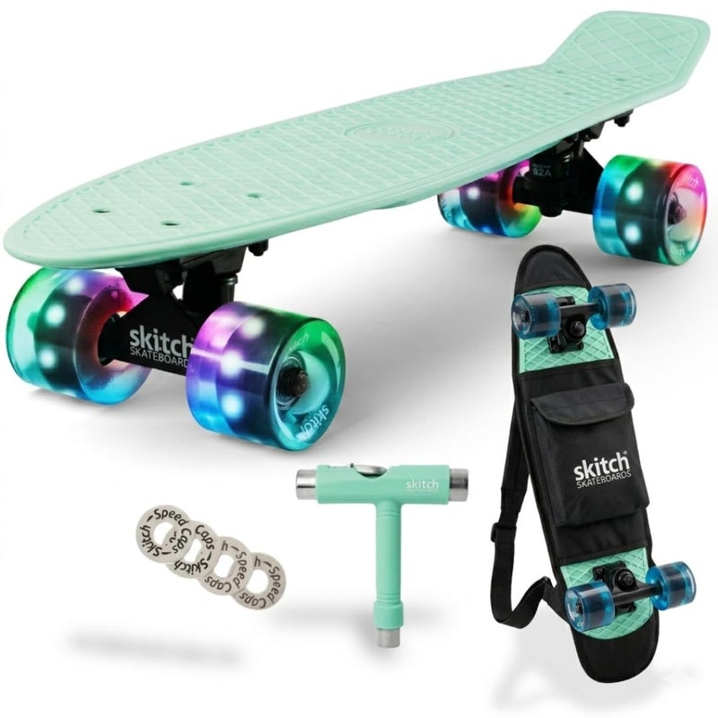 SKITCH Complete Skateboard for Kids 810 Year Old Beginner Boys Children Youth Teens Gift Set 22 Inch Penny Board Mini Cruiser ABEC 9 Bearings Black Skateboards Backpack Skate Tool Mint Green LED - Image 2