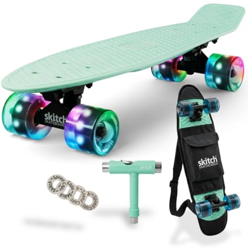 SKITCH Complete Skateboard for Kids 810 Year Old Beginner Boys Children Youth Teens Gift Set 22 Inch Penny Board Mini Cruiser ABEC 9 Bearings Black Skateboards Backpack Skate Tool Mint Green LED - Image 1