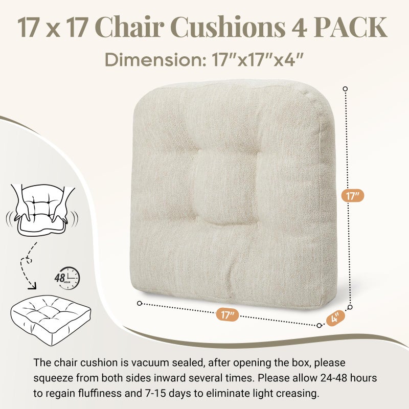 Basic Beyond Chair Cushions for Dining Chairs, Non-Slip Chair Pads, Thick Seat Cushions for Dining Room Chairs, Kitchen Chair Cushions Set of 4, 17" x 17" x 4", Beige - Image 2