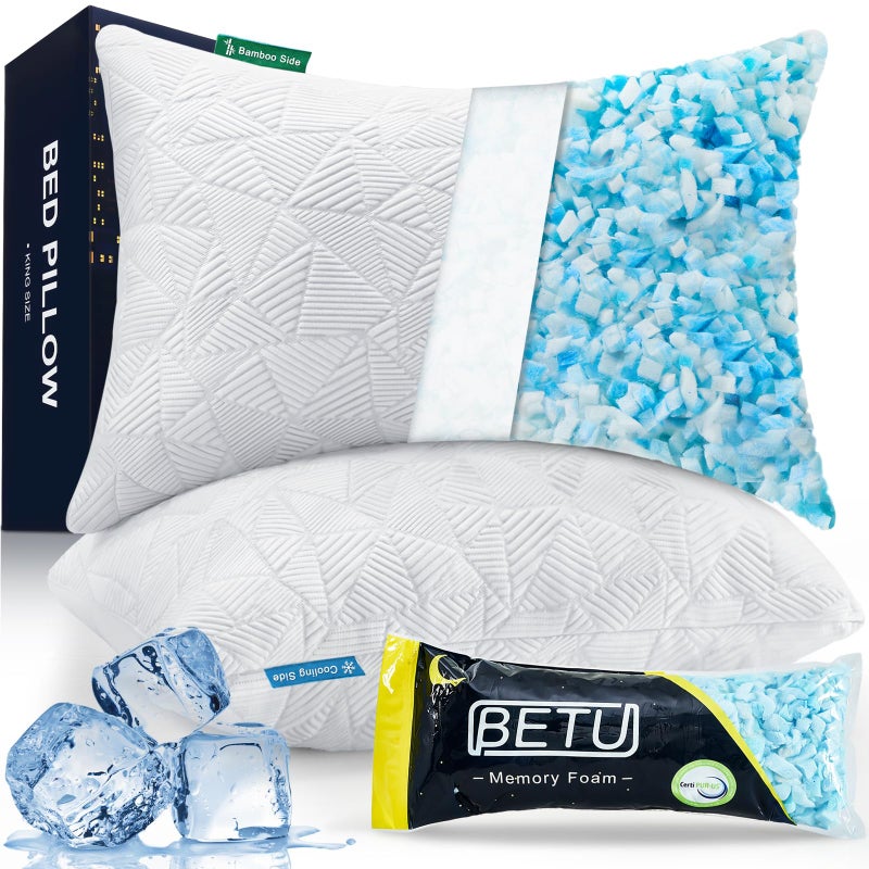 BETU Cooling Pillows Standard Size Set of 2 Shredded Memory Foam Standard Pillows Set of 2 for Hot Sleepers Adjustable Firm Soft Support Pillow for Side Back Stomach Sleeping White - Image 2