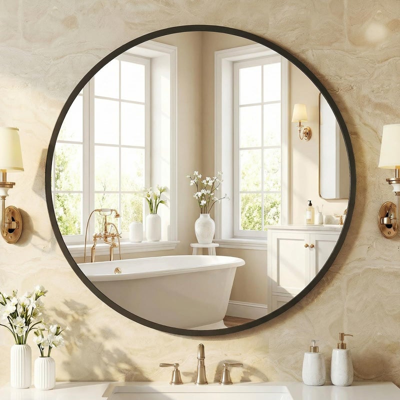 NEWBULIG 30 Inch Round Wall Mirror, Bathroom Mirror for Over Sink, Matte Metal Framed Circle Vanity Mirror, Wall Decor for Bedroom, Entryway, Anti-Rust, Tempered Glass, Hanging or Leaning, Black - Image 1