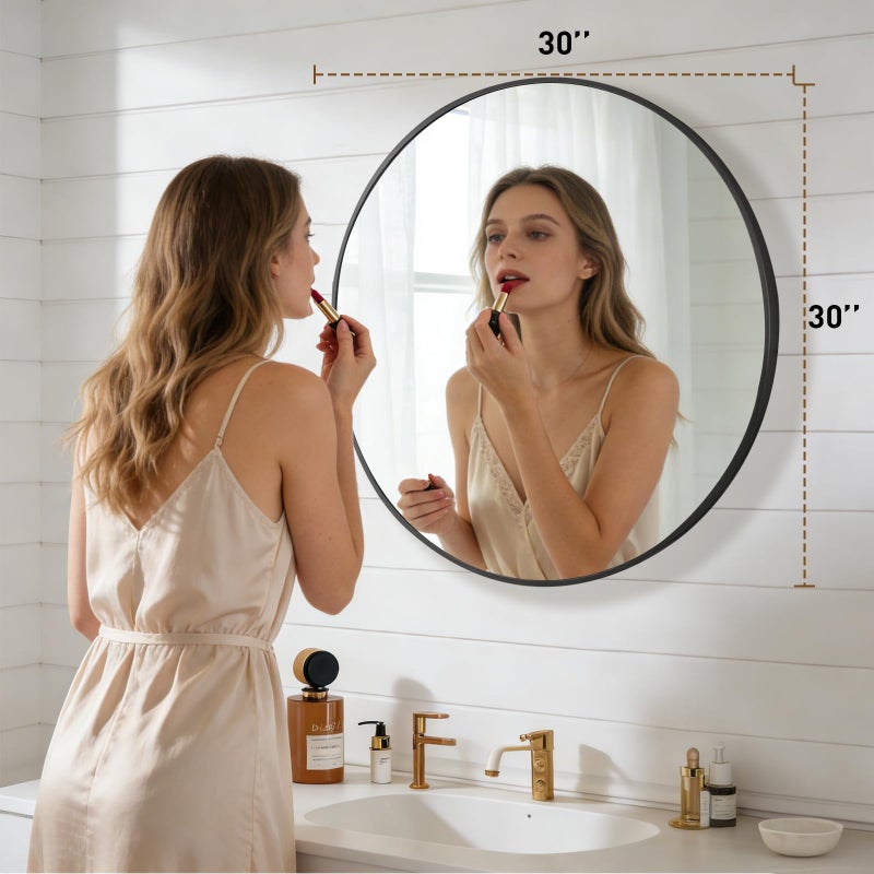 NEWBULIG 30 Inch Round Wall Mirror, Bathroom Mirror for Over Sink, Matte Metal Framed Circle Vanity Mirror, Wall Decor for Bedroom, Entryway, Anti-Rust, Tempered Glass, Hanging or Leaning, Black - Image 2