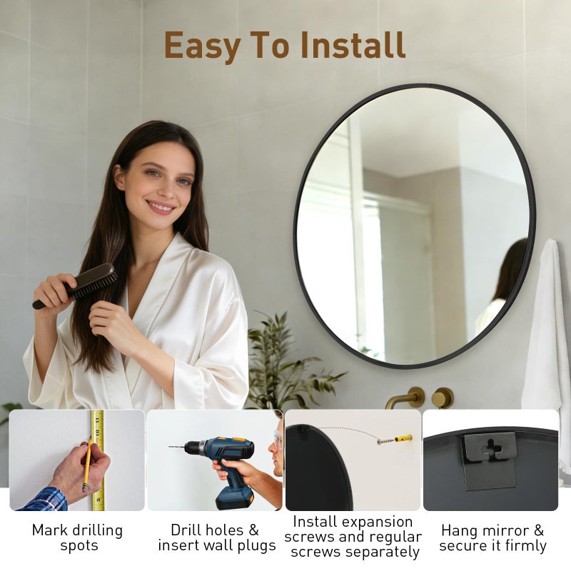 NEWBULIG 30 Inch Round Wall Mirror, Bathroom Mirror for Over Sink, Matte Metal Framed Circle Vanity Mirror, Wall Decor for Bedroom, Entryway, Anti-Rust, Tempered Glass, Hanging or Leaning, Black - Image 5
