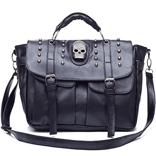FiveloveTwo Personality Womens Handbag Purse Skull Rivet Top Handle Shoulder Crossbody Bag Middle Punk Satchel Tote Black… - Image 1