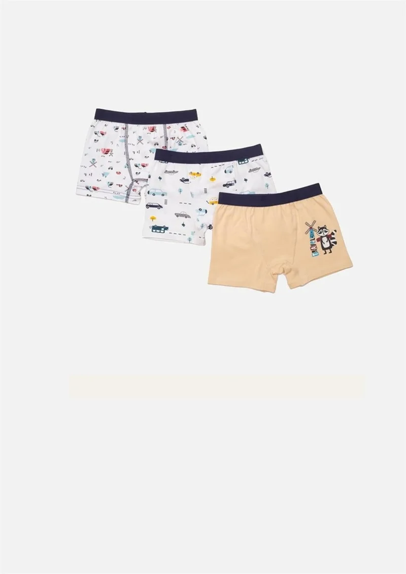 Defne Mixed Pattern Printed Combed Elastane Boy 3-Piece Boxer Set