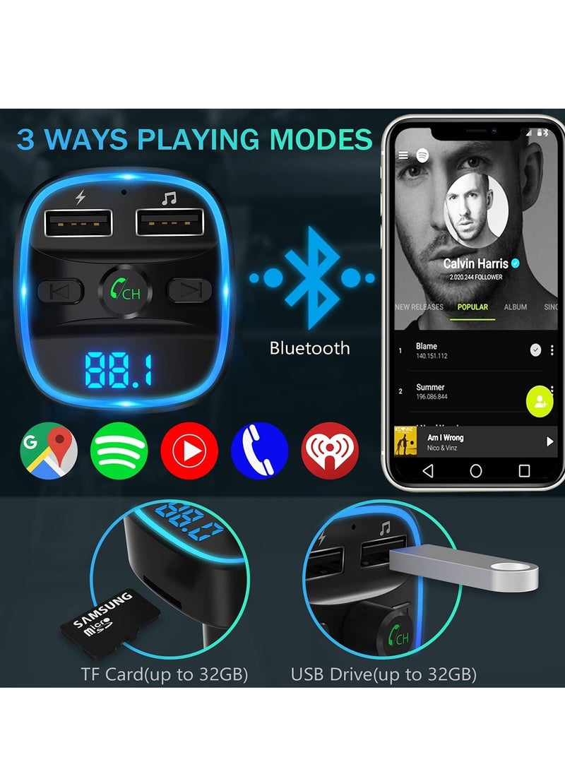 FM Transmitter, Bluetooth FM Transmitter Wireless Radio Adapter Car Kit with Dual USB Charging Car Charger MP3 Player Support TF Card & USB Disk
