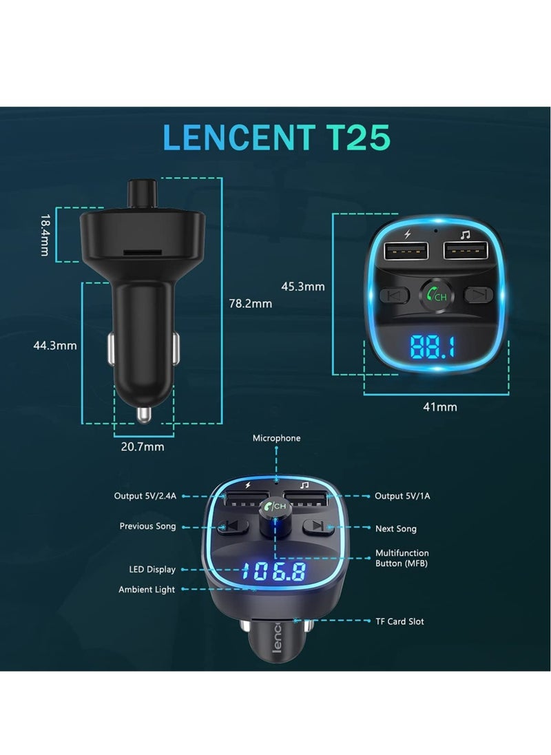 FM Transmitter, Bluetooth FM Transmitter Wireless Radio Adapter Car Kit with Dual USB Charging Car Charger MP3 Player Support TF Card & USB Disk