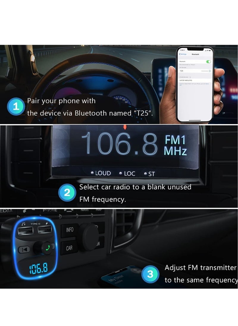 FM Transmitter, Bluetooth FM Transmitter Wireless Radio Adapter Car Kit with Dual USB Charging Car Charger MP3 Player Support TF Card & USB Disk