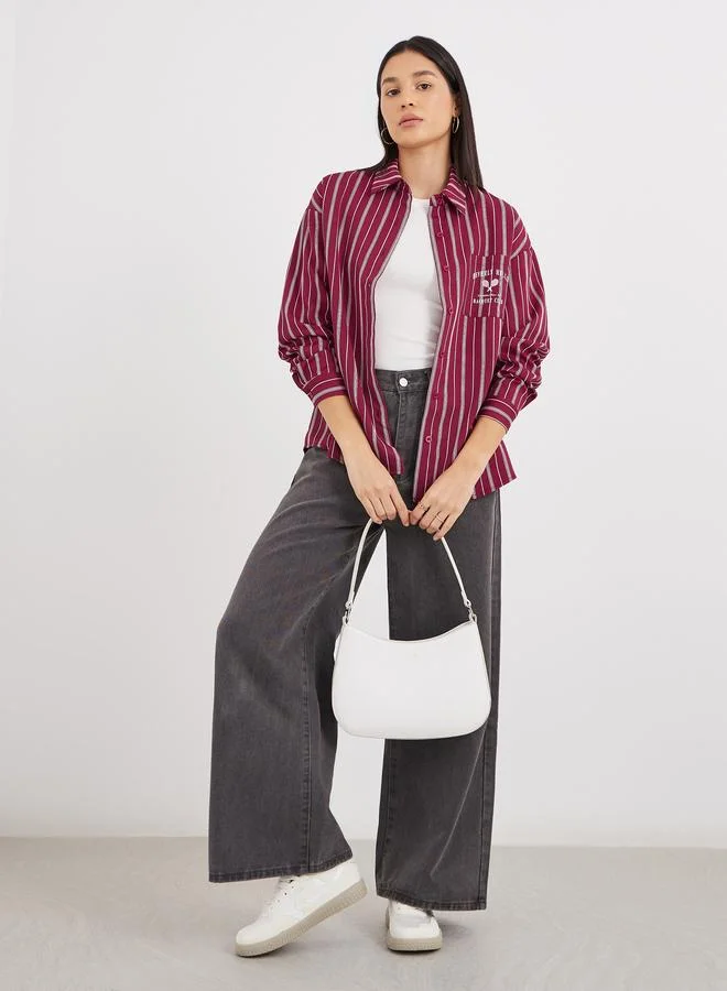 Styli Styli Red Printed Chest Pocket Striped Oversized Shirt
