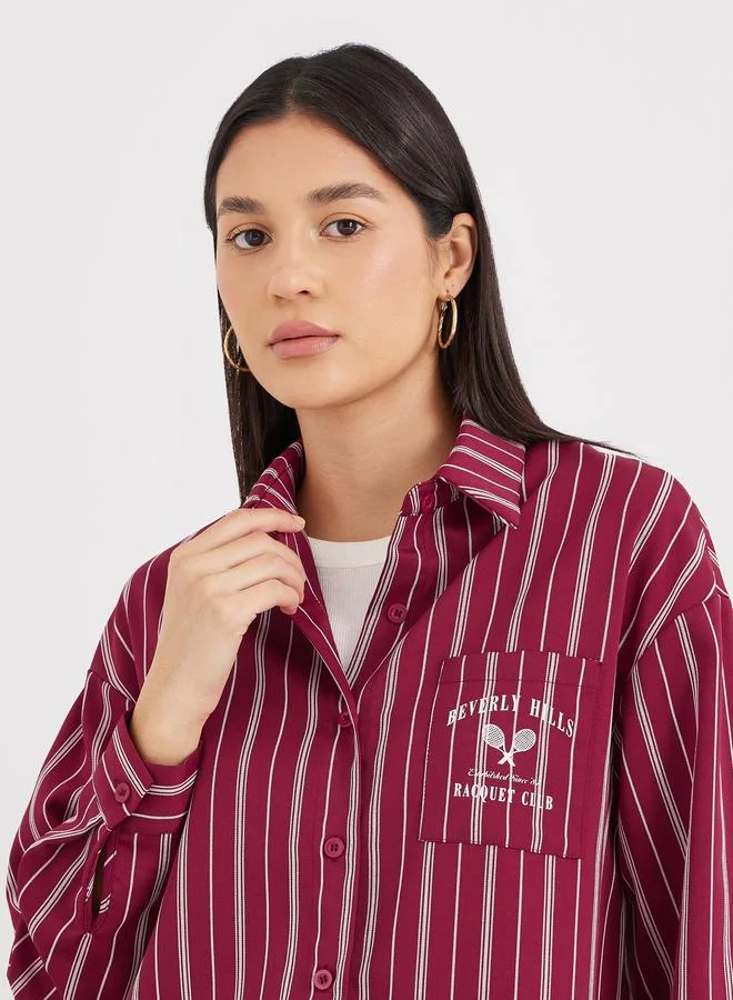Styli Styli Red Printed Chest Pocket Striped Oversized Shirt