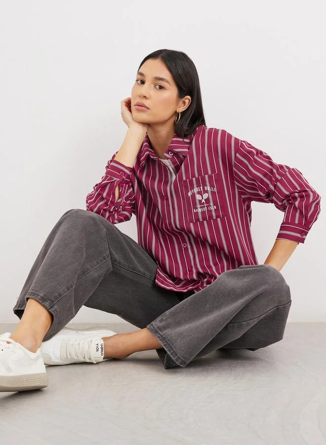Styli Styli Red Printed Chest Pocket Striped Oversized Shirt