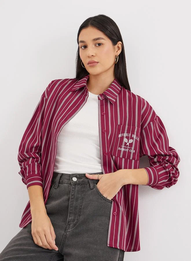Styli Styli Red Printed Chest Pocket Striped Oversized Shirt