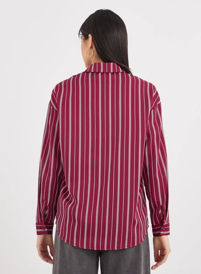 Styli Styli Red Printed Chest Pocket Striped Oversized Shirt