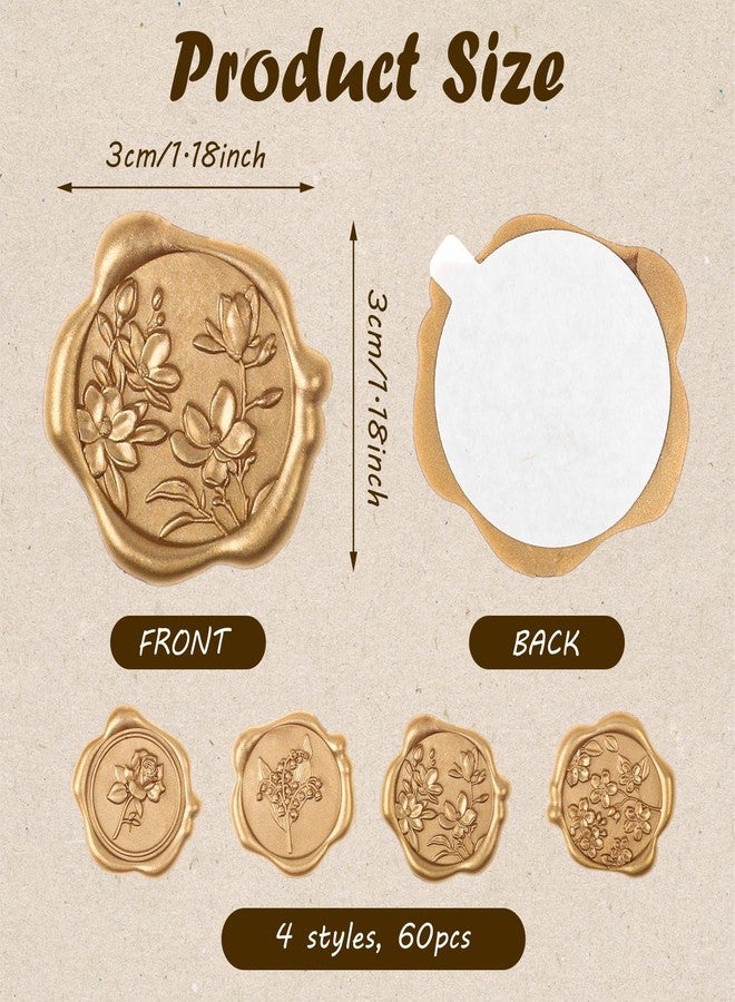 WSICSE 60Pcs Wax Seal Stickers, Wedding Invitation Envelope Seal Stickers Adhesive Backed Light Gold for Wedding, Party,Christmas, Gift Wrapping (4 Flower Styles) - Image 2