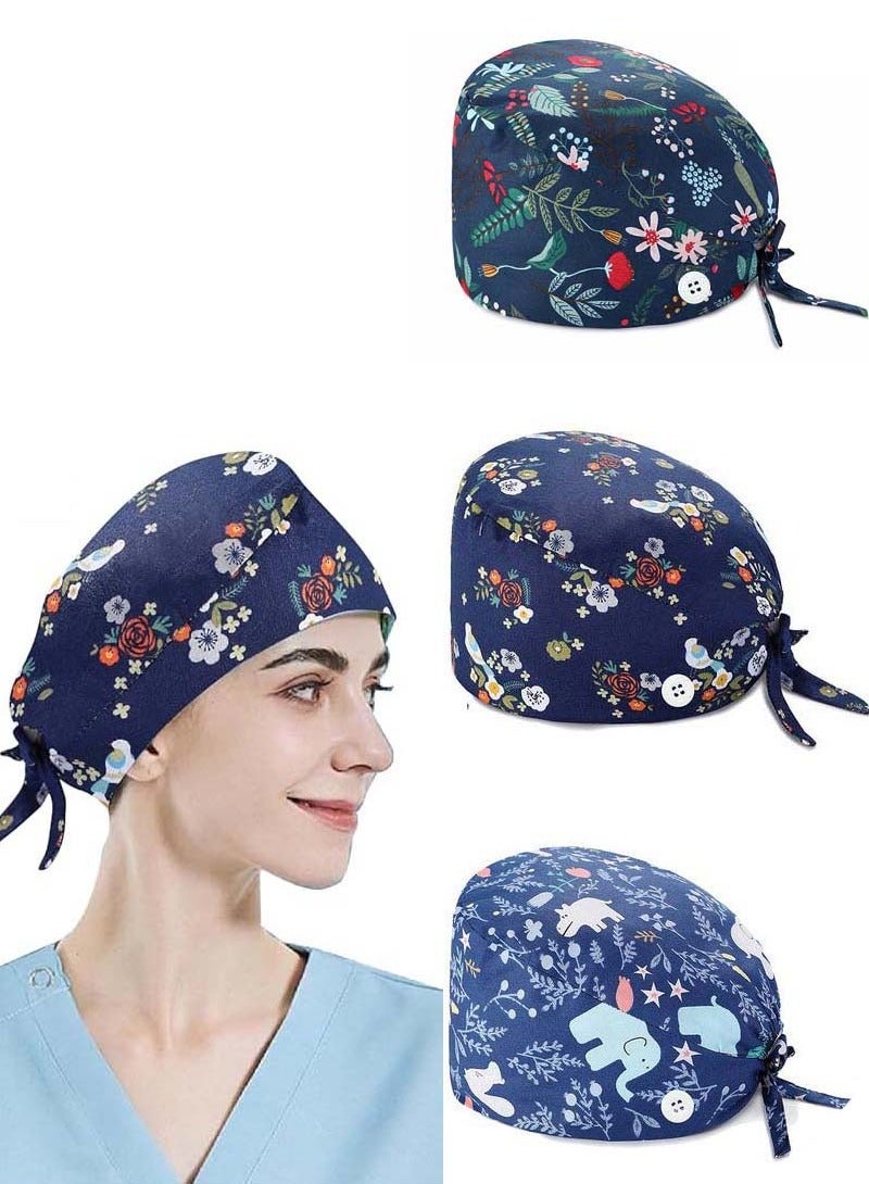 YIM-VIBEHAUS 3 Pack Working Cap with Buttons and Sweatband, Cotton Printed Adjustable Bouffant Tie Back Hats for Women and Men Nurse Hat with Buttons One Size  - Image 1