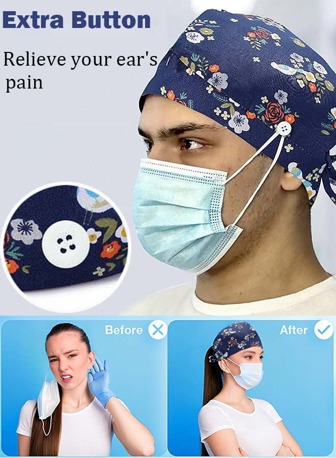 YIM-VIBEHAUS 3 Pack Working Cap with Buttons and Sweatband, Cotton Printed Adjustable Bouffant Tie Back Hats for Women and Men Nurse Hat with Buttons One Size  - Image 2