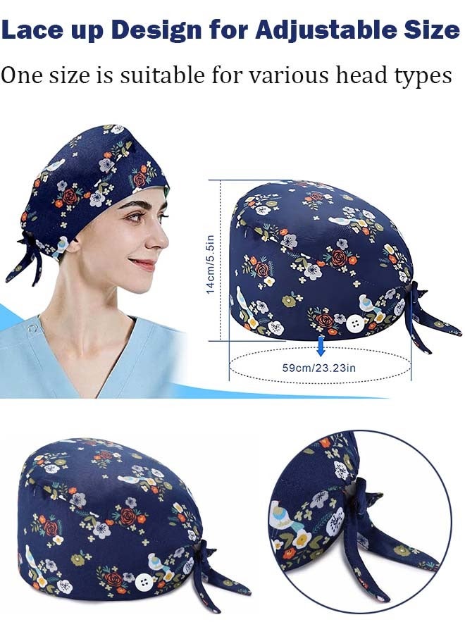 YIM-VIBEHAUS 3 Pack Working Cap with Buttons and Sweatband, Cotton Printed Adjustable Bouffant Tie Back Hats for Women and Men Nurse Hat with Buttons One Size  - Image 3