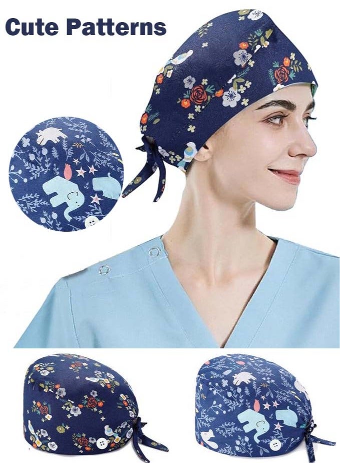 YIM-VIBEHAUS 3 Pack Working Cap with Buttons and Sweatband, Cotton Printed Adjustable Bouffant Tie Back Hats for Women and Men Nurse Hat with Buttons One Size  - Image 4